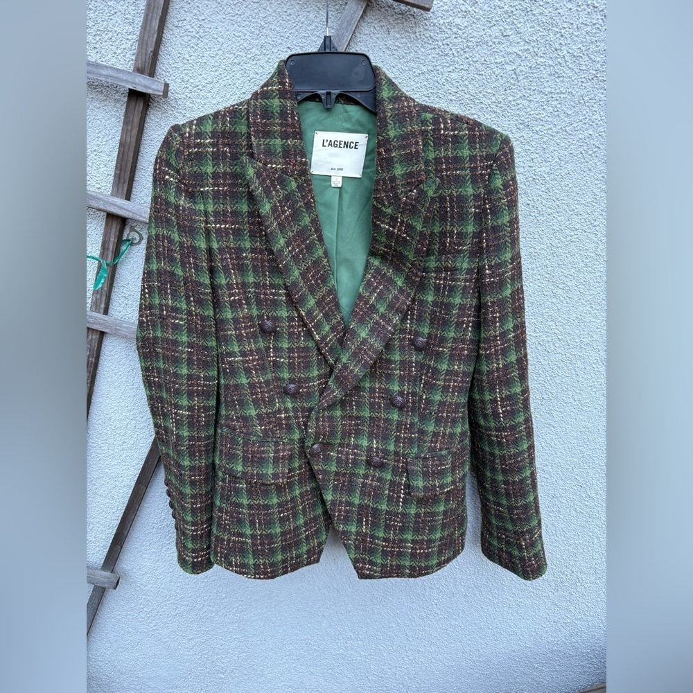 L'AGENCE kenzie double breasted blazer in brown /Green plaid